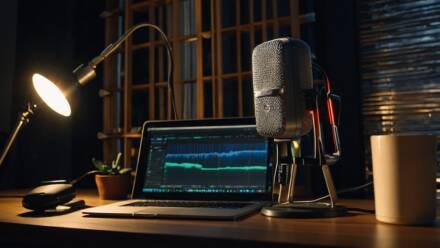 Podcast-Aufnahmestudio mit Mikrofon und Laptop
